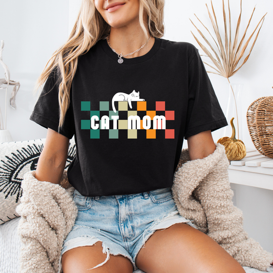 Cat Mom Retro Checkerboard T-Shirt